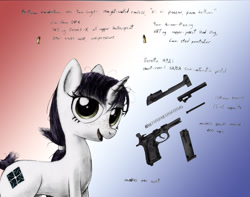 Size: 3232x2552 | Tagged: safe, artist:jackarunda, imported from derpibooru, oc, oc only, unicorn, bullet, female, female oc, gun, handgun, horn, pistol, spring, text, unicorn oc, weapon