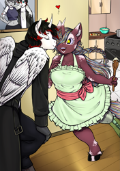 Size: 2039x2893 | Tagged: safe, artist:natt333, imported from derpibooru, oc, oc only, alicorn, anthro, unguligrade anthro, unicorn, cheek kiss, commission, horn, kissing