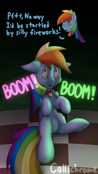 Size: 2160x3840 | Tagged: safe, alternate version, artist:callichrome, imported from derpibooru, rainbow dash, pegasus, pony, bell, bell collar, collar, cute, dashabetes, female, fireworks, folded wings, happy new year, holiday, night, outdoors, pet, pet play, pet-dash, pony pet, scared, signature, solo, text, wings