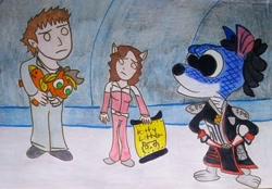 Size: 2032x1413 | Tagged: safe, artist:dex stewart, imported from derpibooru, applejack, earth pony, human, pony, boom, doggie cruger, kat manx, kitty litter, power rangers, power rangers spd, traditional art