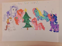 Size: 4160x3120 | Tagged: safe, artist:samira066, imported from derpibooru, cloud climber, heart throb, izzy moonbow, light heart, nurse redheart, pinkie pie, thistle whistle, earth pony, pegasus, pony, unicorn, 2025, blue eyes, blue hair, blue mane, blue tail, bow, bracelet, christmas, christmas tree, climberbetes, colored horn, cute, decoration, diapinkes, drawing, female, flying, g1, g2, g2 heartabetes, g3, g5, garland, green eyes, group, happy, happy new year, happy new year 2025, holiday, horn, izzybetes, jewelry, lilac eyes, looking at something, looking up, new year, open mouth, open smile, orange hair, orange mane, orange tail, pink coat, pink hair, pink mane, pink tail, purple eyes, purple hair, purple hooves, purple mane, purple tail, smiling, snow, snowflake, spread wings, tail, tail bow, text, thistlebetes, three toned hair, three toned mane, three toned tail, traditional art, tree, two toned hair, two toned mane, wings, yellow hair