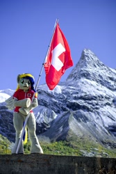 Size: 2735x4096 | Tagged: safe, artist:atalonthedeer, artist:camillebunbun, artist:eaglefly_, imported from derpibooru, oc, oc only, oc:eagle fly, clothes, fursuit, irl, mountain, outdoors, photo, ponysuit, scenery, scenery porn, swiss flag, vest