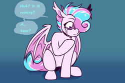 Size: 3000x2000 | Tagged: safe, artist:lrusu, imported from derpibooru, oc, oc only, oc:sweetie swirl, bat pony, bat pony oc, bat wings, crying, ear fluff, eyelashes, femboy, gradient background, hair over one eye, male, multicolored hair, sitting, solo, speech bubble, surprised, text, wings