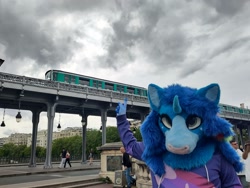 Size: 2048x1536 | Tagged: safe, artist:julio974, artist:rs_glide08, artist:scarletwingsfs, imported from derpibooru, oc, oc:blue sky, alicorn, alicorn oc, fursuit, horn, irl, outdoors, photo, pointing, ponysuit, solo focus, train, wings