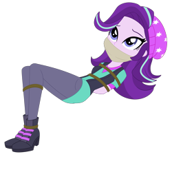 Size: 3000x3000 | Tagged: safe, artist:nie-martw-sie-o-mnie, imported from derpibooru, starlight glimmer, human, equestria girls, beanie, bondage, boots, bound and gagged, cloth gag, clothes, gag, hat, otm gag, rope, rope bondage, shoes, simple background, transparent background, vest