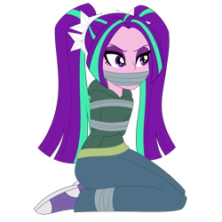 Size: 3000x3000 | Tagged: safe, artist:nie-martw-sie-o-mnie, imported from derpibooru, aria blaze, human, equestria girls, bondage, bound and gagged, clothes, denim, eyeshadow, gag, hoodie, jeans, kneeling, makeup, pants, simple background, tape, tape bondage, tape gag, transparent background