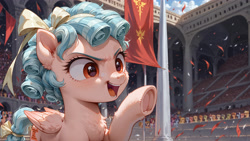 Size: 3840x2160 | Tagged: safe, imported from derpibooru, cozy glow, pegasus, pony, ai composition, ai content, evil, evil grin, female, filly, flag, foal, frog (hoof), grin, mare, open mouth, open smile, prompter:bluetoothworld, public, smiling, underhoof, wings