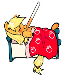 Size: 799x947 | Tagged: safe, artist:poniesinmyhead, imported from derpibooru, applejack, earth pony, pony, bed, cigarette, eyes closed, mouth hold, simple background, smiling, solo, white background