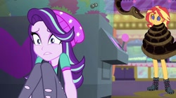 Size: 1280x718 | Tagged: safe, edit, edited screencap, imported from derpibooru, screencap, starlight glimmer, sunset shimmer, human, snake, equestria girls, boots, cap, clothes, coils, equestria girls specials, eyeshadow, female, hat, hypno eyes, hypnosis, hypnotized, kaa, kaa eyes, looking at each other, looking at someone, makeup, male, my little pony equestria girls: mirror magic, scared, shoes, smiling, smiling at each other, smirk, trio, wrapped snugly, wrapped up