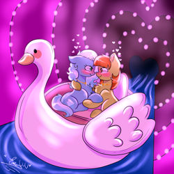 Size: 2000x2000 | Tagged: safe, artist:eniartuwu, imported from derpibooru, bird, earth pony, pony, swan, blue hair, commission, commission open, female, green eyes, heart, heart eyes, hug, lesbian, love, my little pony, pink background, simple background, water, wingding eyes