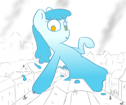 Size: 2400x2000 | Tagged: safe, artist:anonymous, imported from twibooru, oc, oc only, oc:smile, goo, goo pony, original species, pony, city, destruction, female, image, looking at you, macro, partial color, pinned down, png, raised hoof, solo focus