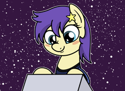 Size: 2047x1496 | Tagged: safe, artist:ewoudcponies, imported from derpibooru, star dancer, earth pony, pony, blush sticker, blushing, bust, clothes, female, looking at something, looking down, mare, outline, smiling, solo, starry background, uniform, white outline