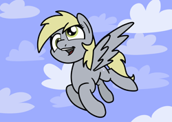 Size: 2048x1448 | Tagged: safe, artist:ewoudcponies, imported from derpibooru, derpy hooves, pegasus, pony, female, flying, mare, open mouth, open smile, sky background, smiling, solo, spread wings, wings