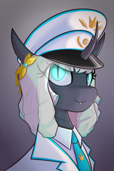 Size: 1484x2215 | Tagged: safe, artist:floppochkin, imported from derpibooru, oc, oc only, oc:queen exavia, changeling, changeling queen, equestria at war mod, admiral, blue eyes, bust, cap, changeling oc, clothes, digital art, fangs, female, gradient background, hat, horn, looking at you, military, military uniform, necktie, new characters for equestria at war, new characters for equestria at war mod, peaked cap, pin, portrait, smiling, smiling at you, solo, uniform, uniform hat, white mane