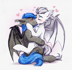 Size: 4146x3993 | Tagged: safe, artist:seurnik, imported from derpibooru, oc, oc only, oc:jisimonk, oc:nobrony, bat pony, pony, bat wings, blushing, eyes closed, floppy ears, gay, jewelry, kissing, male, shy, simple background, stallion, wings