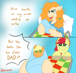 Size: 2048x1966 | Tagged: safe, artist:uniomie, imported from derpibooru, applejack, bright mac, pear butter, earth pony, pony, spoiler:comic, baby, baby pony, bed, clothes, comic, crying, family, female, happy, hospital, hospital bed, hospital gown, meme, messy mane, mother and child, mother and daughter