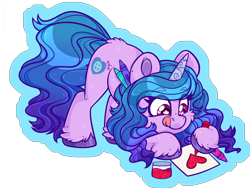 Size: 2092x1576 | Tagged: safe, artist:thehaywaiianhorse, imported from derpibooru, izzy moonbow, pony, unicorn, :p, chibi, crayon, cute, drawing, female, g5, glitter, heart, horn, izzybetes, looking at something, mare, partially transparent background, smiling, solo, starry eyes, tongue out, unshorn fetlocks, wingding eyes