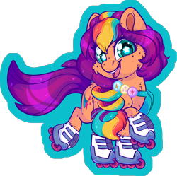 Size: 2042x2032 | Tagged: safe, artist:thehaywaiianhorse, imported from derpibooru, sunny starscout, earth pony, pony, cheek fluff, chibi, female, g5, looking at you, mane stripe sunny, mare, open mouth, open smile, partially transparent background, roller skates, skates, smiling, smiling at you, solo, starry eyes, wingding eyes