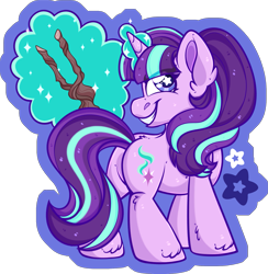 Size: 2077x2126 | Tagged: safe, artist:thehaywaiianhorse, imported from derpibooru, starlight glimmer, pony, unicorn, butt, chibi, evil grin, featureless crotch, female, glowing, glowing horn, grin, horn, levitation, looking at you, looking back, looking back at you, magic, magic aura, mare, partially transparent background, plot, s5 starlight, smiling, smiling at you, solo, sparkles, staff, staff of sameness, starry eyes, telekinesis, wingding eyes