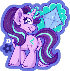 Size: 2080x2126 | Tagged: safe, artist:thehaywaiianhorse, imported from derpibooru, starlight glimmer, pony, unicorn, backwards cutie mark, butt, chibi, featureless crotch, female, glowing, glowing horn, horn, kite, levitation, looking at you, looking back, looking back at you, magic, magic aura, mare, partially transparent background, plot, smiling, smiling at you, solo, sparkles, starry eyes, telekinesis, wingding eyes