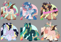 Size: 1043x723 | Tagged: safe, artist:cheekipone, oc, oc only, bat pony, earth pony, pony, unicorn, adoptable, baseball cap, bat pony oc, bat wings, blaze (coat marking), bracelet, cap, clothes, color palette, ear tufts, earth pony oc, eye clipping through hair, eyeshadow, female, floppy ears, goggles, goggles around neck, hair over eyes, hair tie, hairclip, hat, horn, jewelry, kerchief, makeup, mare, multiple characters, necklace, passepartout, raised hoof, smiling, socks, socks (coat markings), spread wings, standing, thigh highs, unicorn oc, unshorn fetlocks, wings