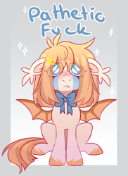 Size: 1294x1780 | Tagged: safe, artist:cheekipone, oc, oc only, oc:honey milk, bat pony, pony, bat pony oc, bat wings, big eyes, blue eyes, blushing, bowtie, bully, bullying, chibi, crying, ear tufts, eye clipping through hair, eyebrows visible through hair, female, floppy ears, freckles, hairclip, mare, passepartout, pathetic, sitting, socks (coat markings), solo, sparkles, spread wings, teary eyes, unshorn fetlocks, wings