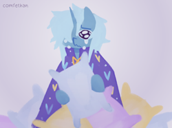 Size: 2048x1524 | Tagged: safe, artist:comfethan, imported from derpibooru, trixie, pony, unicorn, alternate design, alternate hairstyle, bed hair, blue coat, blue mane, cape, clothes, crying, female, gradient background, hatless, horn, hug, lineless, mare, missing accessory, pillow, pillow hug, purple eyes, sad, signature, solo, unicorn horn, vent art, wavy mouth, wingding eyes