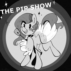 Size: 2338x2353 | Tagged: safe, artist:urbanqhoul, imported from derpibooru, pipp petals, pegasus, pony, blushing, female, g5, grayscale, high res, looking at you, mare, microphone, microphone stand, monochrome, my little pony: a new generation, open mouth, open smile, smiling, smiling at you, solo, spread wings, wing hold, wings