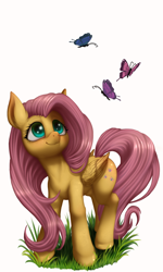 Size: 1200x2000 | Tagged: safe, artist:zetamad, imported from derpibooru, fluttershy, butterfly, pegasus, pony, atg 2023, cute, female, folded wings, looking at something, looking up, mare, newbie artist training grounds, shyabetes, simple background, solo, white background, wings