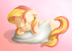 Size: 3100x2200 | Tagged: safe, artist:zetamad, imported from derpibooru, sunset shimmer, pony, unicorn, blushing, cute, daaaaaaaaaaaw, eyes closed, female, filly, filly sunset shimmer, foal, horn, lying down, pillow, prone, shimmerbetes, sleeping, solo, weapons-grade cute, younger