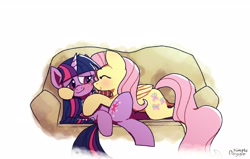 Size: 2940x1869 | Tagged: safe, artist:simpledoggoarts, imported from derpibooru, fluttershy, twilight sparkle, pegasus, blushing, couch, eyes closed, female, lying down, mare, simple background, smiling, snuggling, white background