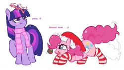 Size: 883x497 | Tagged: safe, artist:dulcesilly_, imported from derpibooru, pinkie pie, twilight sparkle, christmas, clothes, crouching, female, hat, holiday, mare, santa hat, scarf, simple background, socks, tail, tail wag, tongue out, unamused, white background