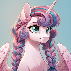 Size: 2048x2048 | Tagged: safe, imported from twibooru, princess flurry heart, alicorn, pony, ai content, ai generated, braided ponytail, bust, female, generator:midkemia v10, image, older, older flurry heart, pigtails, png, prompter:scarlet ribbon, simple background, solo, solo female, spread wings, twintails, wings