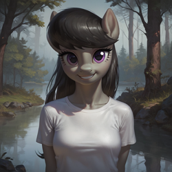 Size: 1024x1024 | Tagged: safe, imported from twibooru, octavia melody, anthro, earth pony, ai content, ai generated, clothes, female, forest, generator:pony diffusion v6 xl, image, lake, looking at you, offscreen character, outdoors, plant, png, pov, prompter:davshell, rock, shirt, smiling, smiling at you, solo, solo female, t-shirt, tree, upper body, water