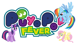 Size: 3840x2160 | Tagged: safe, color edit, edit, imported from derpibooru, fluttershy, rainbow dash, twilight sparkle, alicorn, pegasus, pony, colored, english, flying, gritted teeth, horn, logo, logo edit, multicolored hair, official, puyo puyo, puyo puyo fever, rainbow hair, show accurate, teeth, text, twilight pop fever, twilight sparkle (alicorn), wings