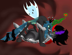 Size: 2100x1600 | Tagged: safe, artist:skitzopheliac, imported from derpibooru, king sombra, queen chrysalis, changeling, changeling queen, pony, unicorn, 2013, chrysombra, female, grin, heart, horn, intertwined tails, male, old art, shipping, smiling, straight, tail, unholy matrimony