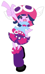 Size: 1460x2399 | Tagged: safe, artist:halloweenoren, color edit, edit, imported from derpibooru, twilight sparkle, human, equestria girls, background removed, belt, clothes, colored, cosplay, costume, hat, multicolored hair, official, one eye closed, open mouth, pointing, puyo puyo, puyo puyo artstyle, puyo puyo fever, puyo puyoified, shirt, shoes, skirt, twilight pop fever