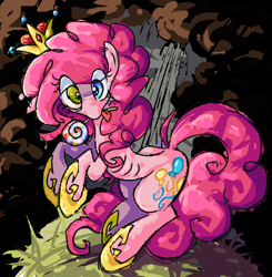 Size: 727x742 | Tagged: safe, alternate version, artist:muffinz, derpibooru exclusive, imported from derpibooru, pinkie pie, earth pony, pony, candy, chaos pinkie, chocolate, chocolate milk, chocolate milk rain, clothes, crown, food, jewelry, lollipop, milk, regalia, shoes, solo