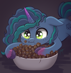 Size: 800x820 | Tagged: safe, artist:zetamad, imported from derpibooru, pony, unicorn, bowl, crumbs, cute, eating, female, floppy ears, food, freckles, g5, herbivore, horn, mare, misleading thumbnail, misty brightdawn, mistybetes, my little pony: make your mark, my little pony: make your mark chapter 2, popcorn, solo, that pony sure does love popcorn, the traditional unicorn sleep-over, unshorn fetlocks