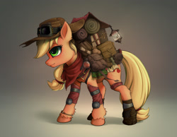 Size: 2600x2020 | Tagged: safe, artist:zetamad, imported from derpibooru, applejack, earth pony, pony, backpack, bag, bracelet, clothes, ear fluff, explorer outfit, female, freckles, hoof fluff, jewelry, lantern, mare, potion, saddle bag, scroll, solo, standing, unshorn fetlocks