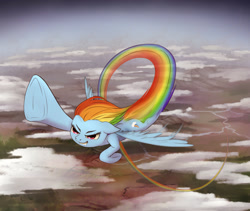 Size: 1836x1552 | Tagged: safe, artist:zetamad, imported from derpibooru, rainbow dash, pegasus, pony, atg 2021, cloud, eyebrows, female, floppy ears, flying, grin, mare, newbie artist training grounds, outdoors, rainbow trail, scenery, sky, smiling, solo, spread wings, underhoof, wings