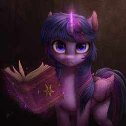 Size: 5000x5000 | Tagged: safe, artist:zetamad, imported from derpibooru, twilight sparkle, alicorn, pony, bangs, book, colored, female, folded wings, glowing, glowing horn, horn, levitation, lighting, looking at you, magic, magic aura, mare, shading, sidebangs, solo, telekinesis, twilight sparkle (alicorn), wings