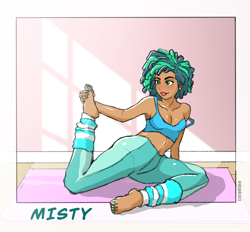 Size: 1941x1801 | Tagged: safe, artist:carpdime, imported from derpibooru, human, clothes, female, g5, humanized, leg warmers, misty brightdawn, pants, solo, stretching, yoga, yoga mat, yoga pants