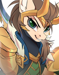 Size: 1500x1887 | Tagged: safe, artist:redchetgreen, imported from derpibooru, oc, oc only, oc:dima, pegasus, pony, clothes, cosplay, costume, loki, marvel, smiling, solo