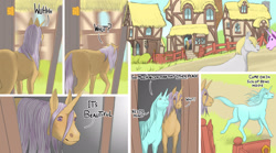 Size: 2573x1432 | Tagged: safe, artist:ivanfromafar, imported from derpibooru, amethyst star, derpy hooves, lyra heartstrings, sparkler, oc, earth pony, pony, unicorn, comic:feeling a little horse, comic, dialogue, doorway, female, hoers, horn, human to pony, mare, nuzzling, ponyville, running, transformation, wingless