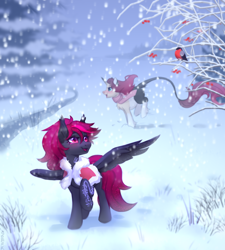 Size: 1820x2025 | Tagged: safe, artist:sparkling_light, imported from derpibooru, oc, oc only, oc:fire spark, oc:julia sunlight, pegasus, pony, unicorn, duo, female, horn, snow, spread wings, wings