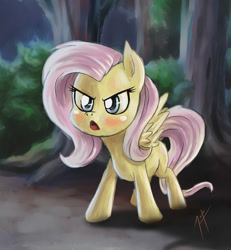 Size: 1200x1300 | Tagged: safe, artist:zetamad, imported from derpibooru, fluttershy, pegasus, pony, angry, blushing, female, forest, frown, mare, nature, open mouth, outdoors, solo, spread wings, standing, talking, tree, wings