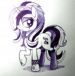 Size: 2282x2340 | Tagged: safe, artist:zetamad, imported from derpibooru, starlight glimmer, pony, unicorn, edgelight glimmer, female, glimmer goth, goth, horn, mare, pencil drawing, raised hoof, solo, teenage glimmer, traditional art