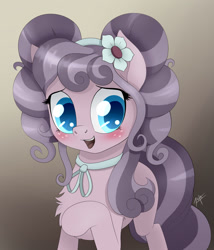 Size: 1200x1400 | Tagged: safe, artist:zetamad, imported from derpibooru, petunia petals, earth pony, pony, atg 2019, blushing, chest fluff, cute, female, flower, flower in hair, freckles, gradient background, mare, my little pony, my little pony: rainbow roadtrip, newbie artist training grounds, open mouth, open smile, petalbetes, pigtails, smiling, solo