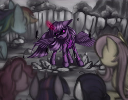 Size: 4600x3600 | Tagged: safe, artist:zetamad, imported from derpibooru, applejack, fluttershy, mean twilight sparkle, pinkie pie, rainbow dash, rarity, twilight sparkle, alicorn, earth pony, pegasus, pony, unicorn, female, glowing, glowing eyes, group, horn, log, mane six, mare, outdoors, rebirth, revived, rock, sextet, spread wings, twilight sparkle (alicorn), wings